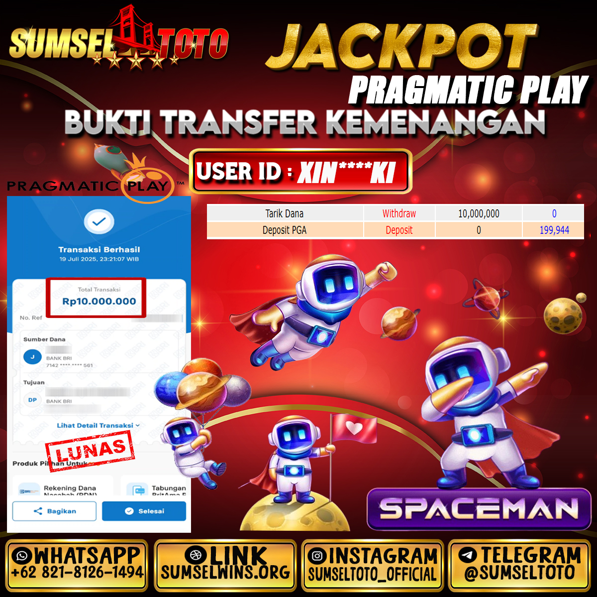 SUMSELTOTO JACKPOT SPACEMAN PRAGMATIC PLAY Rp.10.000.000.,- LUNAS